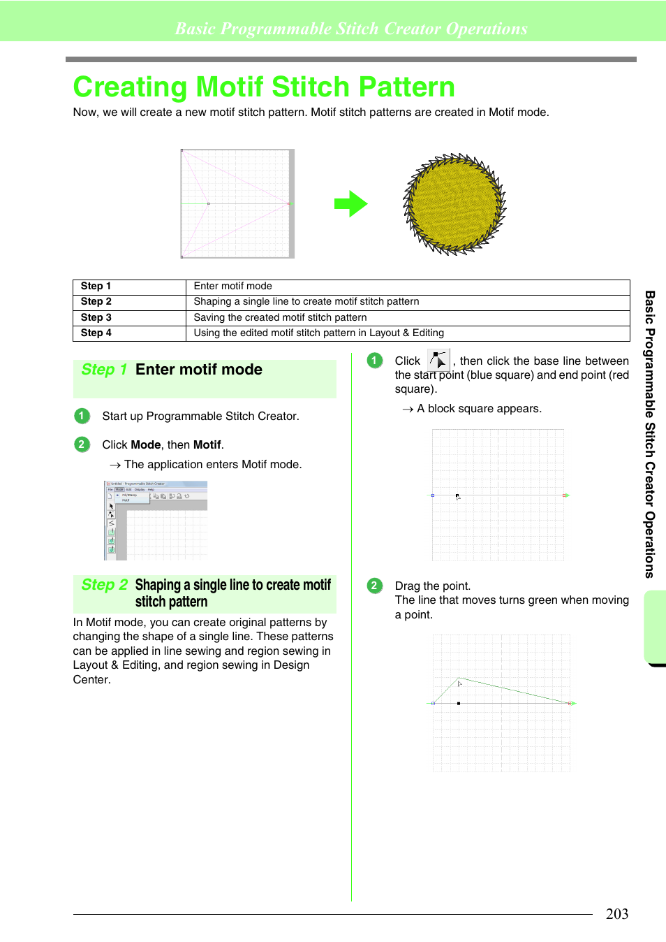 Creating motif stitch pattern, Basic programmable stitch creator operations, Step 1 enter motif mode | Brother PE-DESIGN 8 User Manual | Page 205 / 269