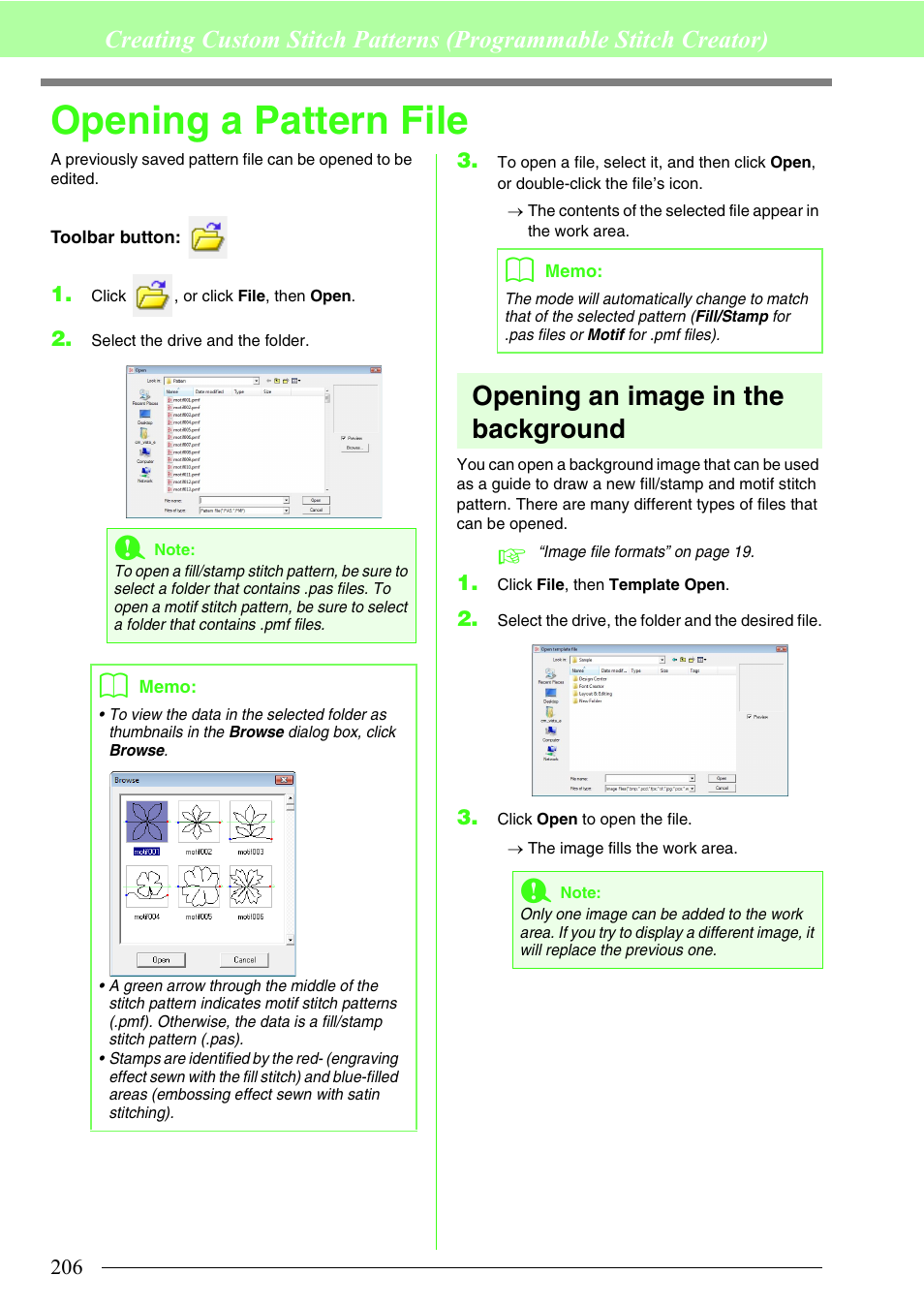 Opening a pattern file, Opening an image in the background | Brother PE-DESIGN 8 User Manual | Page 208 / 269