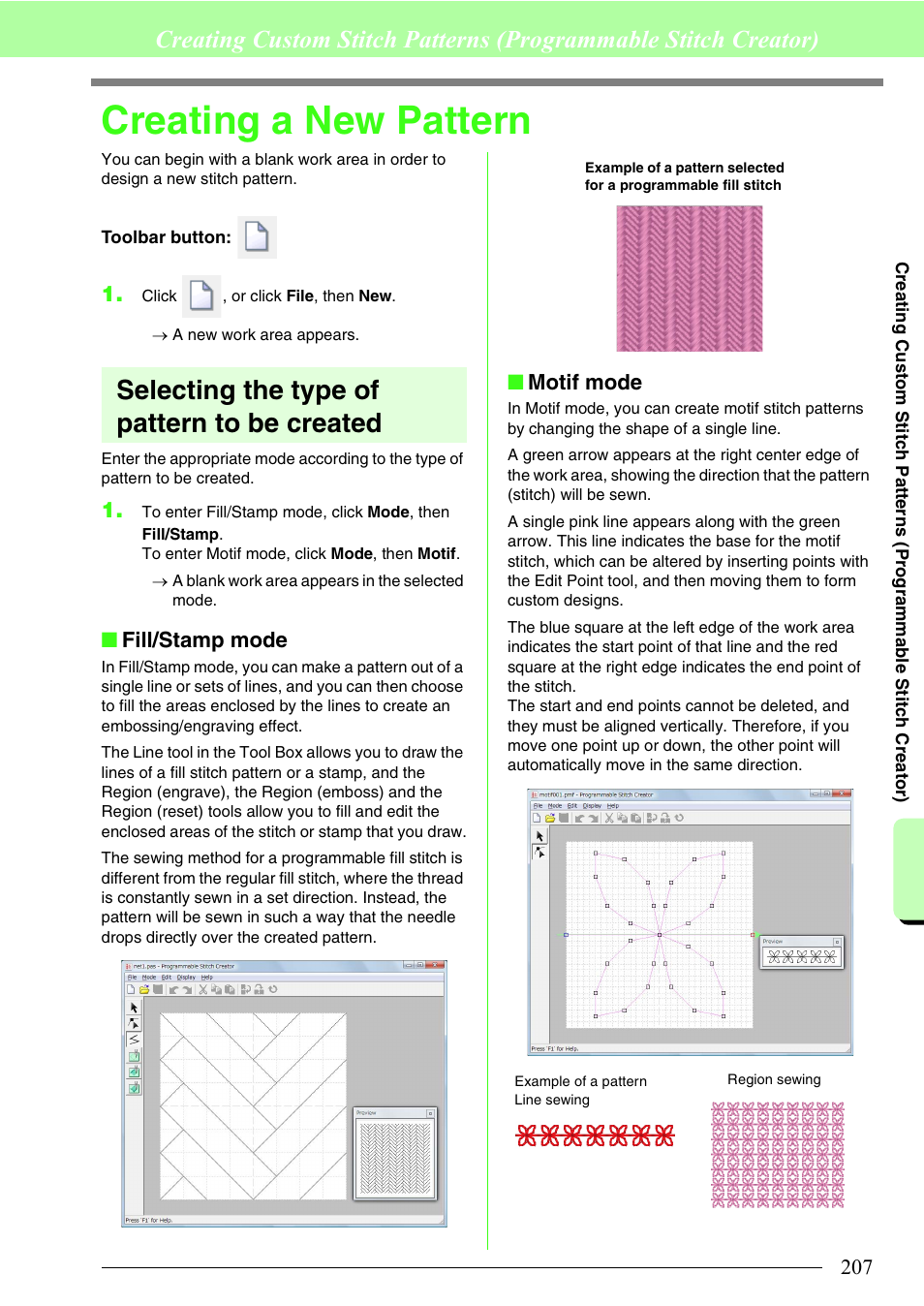 Creating a new pattern, Selecting the type of pattern to be created, Fill/stamp mode | Motif mode | Brother PE-DESIGN 8 User Manual | Page 209 / 269