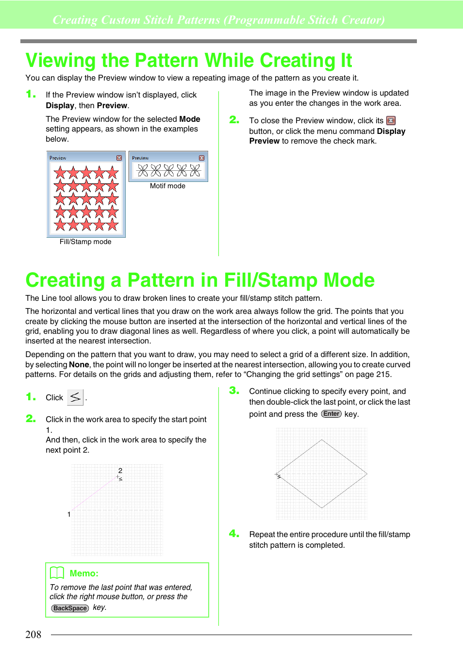 Viewing the pattern while creating it, Creating a pattern in fill/stamp mode | Brother PE-DESIGN 8 User Manual | Page 210 / 269