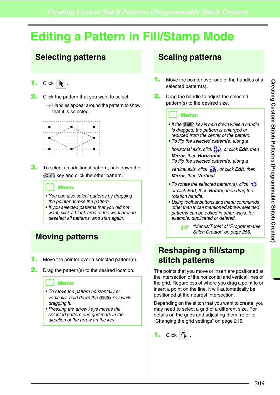 Editing a pattern in fill/stamp mode, Selecting patterns, Moving patterns | Scaling patterns, Reshaping a fill/stamp stitch patterns | Brother PE-DESIGN 8 User Manual | Page 211 / 269