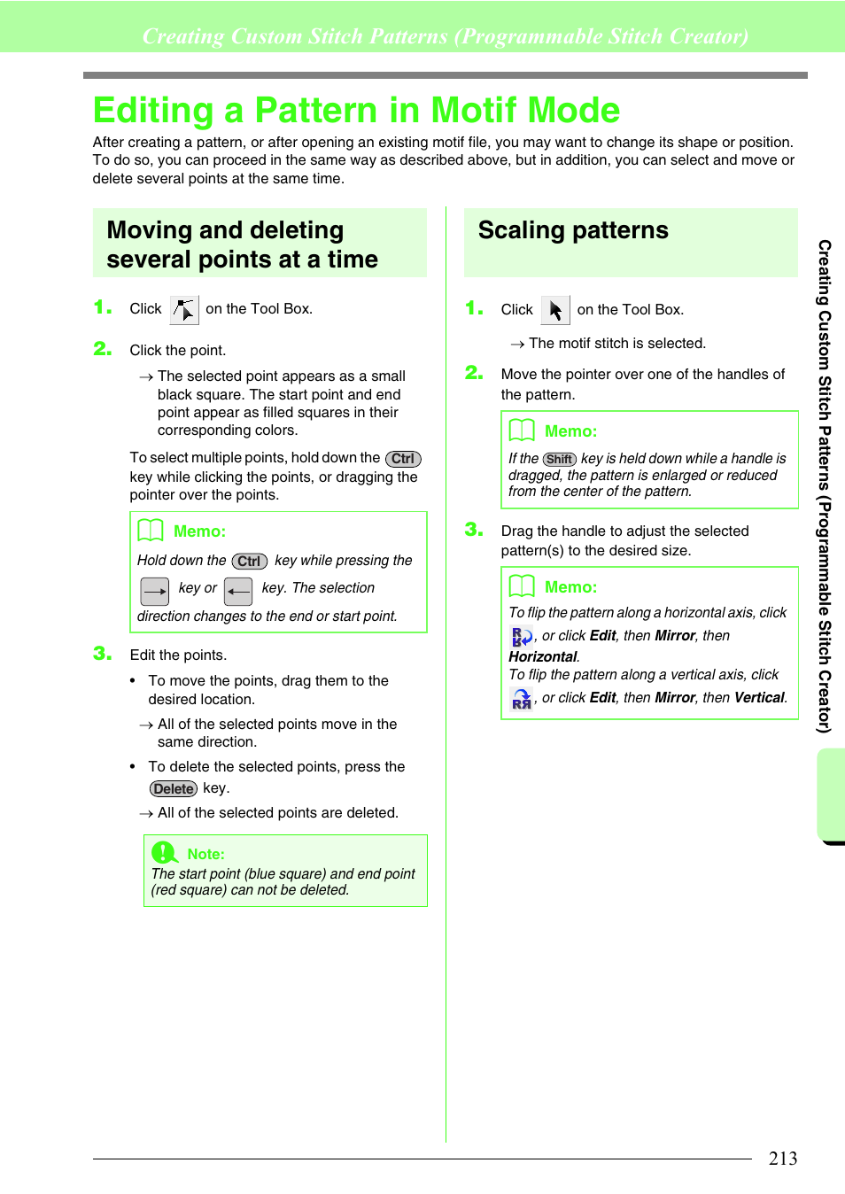 Editing a pattern in motif mode, Moving and deleting several points at a time, Scaling patterns | Brother PE-DESIGN 8 User Manual | Page 215 / 269