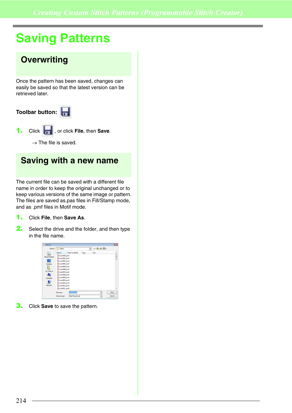 Saving patterns, Overwriting, Saving with a new name | Brother PE-DESIGN 8 User Manual | Page 216 / 269