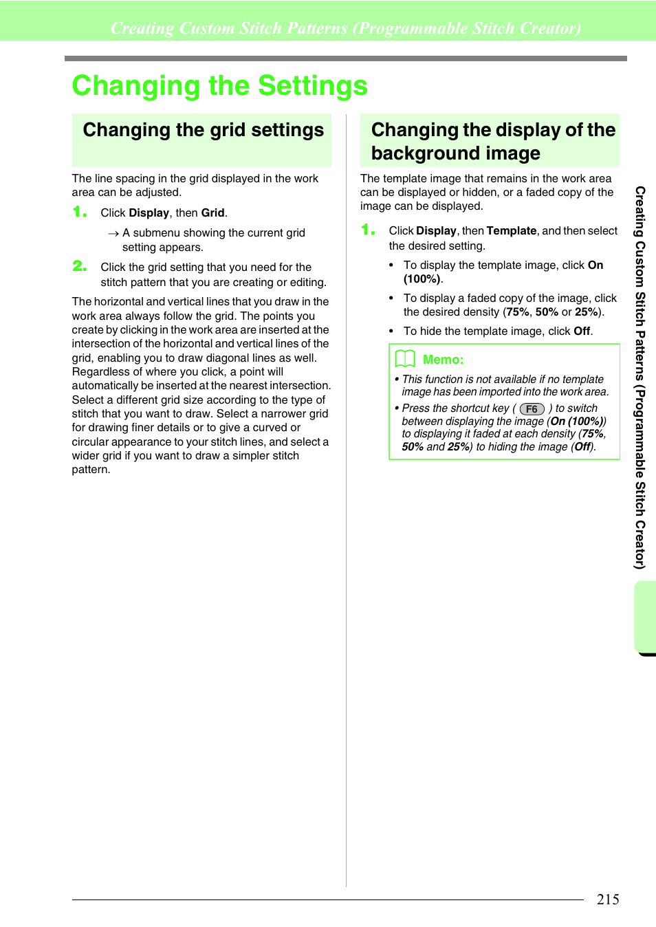 Changing the settings, Changing the grid settings, Changing the display of the background image | Brother PE-DESIGN 8 User Manual | Page 217 / 269