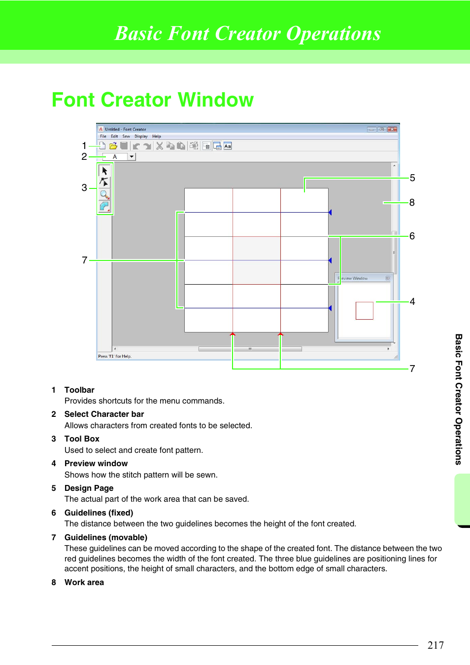 Basic font creator operations, Font creator window, P. 217 in the instruc | Tion manual (pdf format)) | Brother PE-DESIGN 8 User Manual | Page 219 / 269