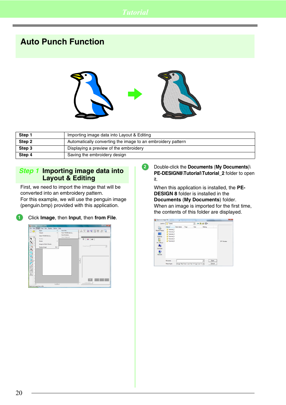 P. 20, Auto punch function, Tutorial | Step 1 importing image data into layout & editing | Brother PE-DESIGN 8 User Manual | Page 22 / 269