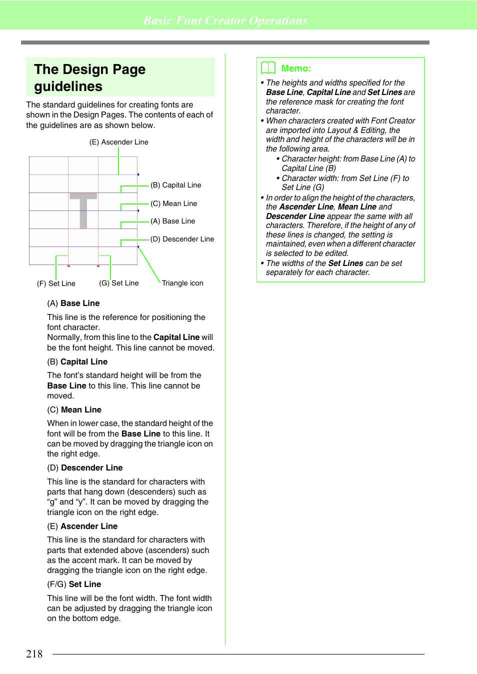 The design page guidelines, Basic font creator operations | Brother PE-DESIGN 8 User Manual | Page 220 / 269