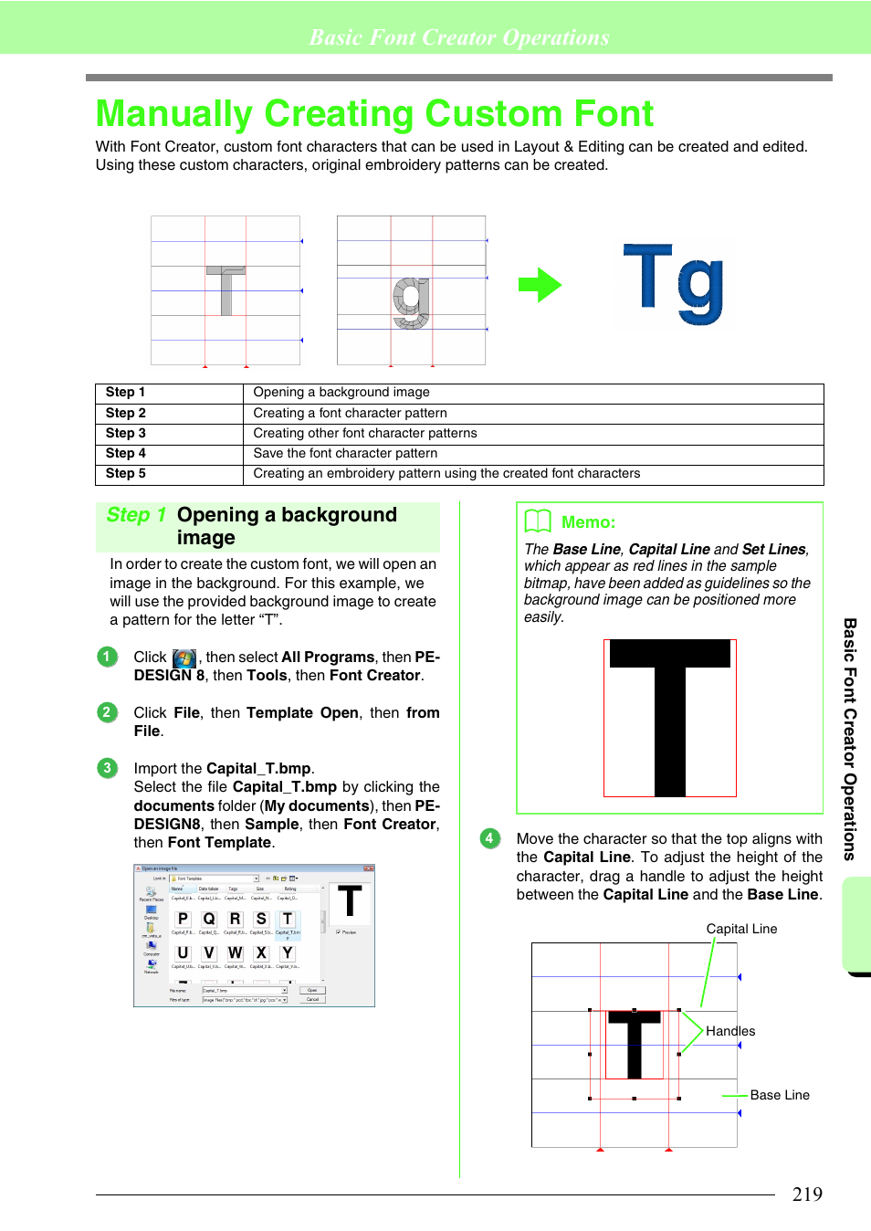 Manually creating custom font, Basic font creator operations, Step 1 opening a background image | Brother PE-DESIGN 8 User Manual | Page 221 / 269