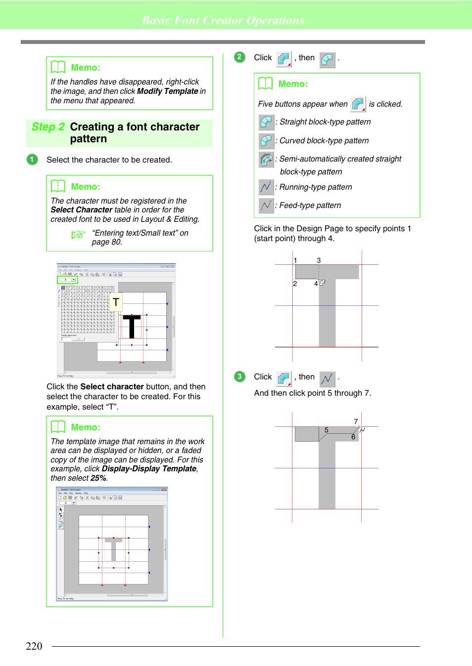 Creating a font character pattern, Basic font creator operations, Step 2 creating a font character pattern | Brother PE-DESIGN 8 User Manual | Page 222 / 269