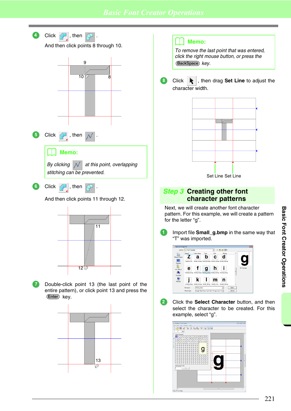 Creating other font character patterns, Basic font creator operations, Step 3 creating other font character patterns | Brother PE-DESIGN 8 User Manual | Page 223 / 269