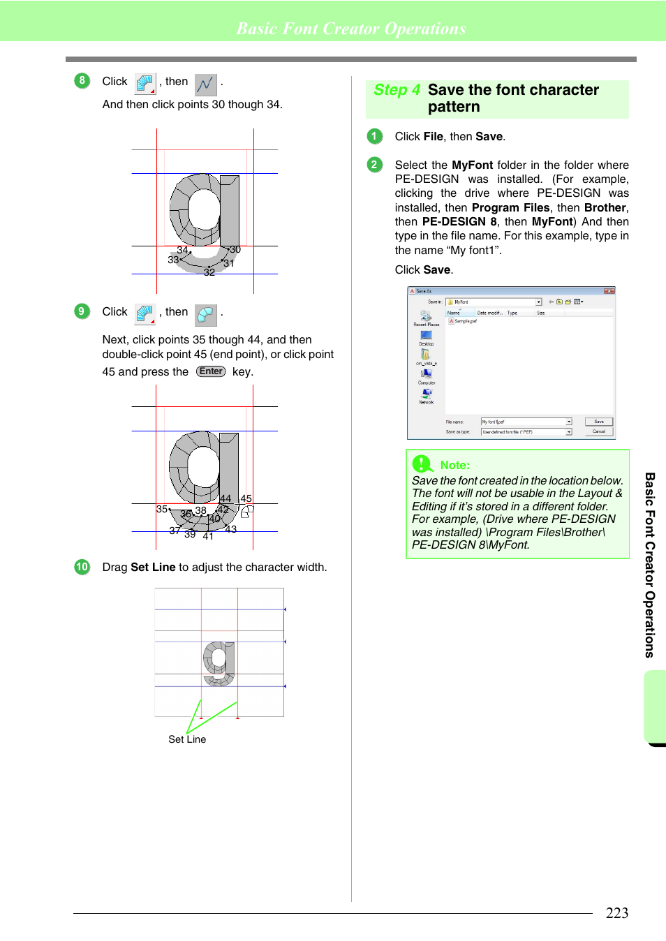 Save the font character pattern, Basic font creator operations, Step 4 save the font character pattern | Brother PE-DESIGN 8 User Manual | Page 225 / 269