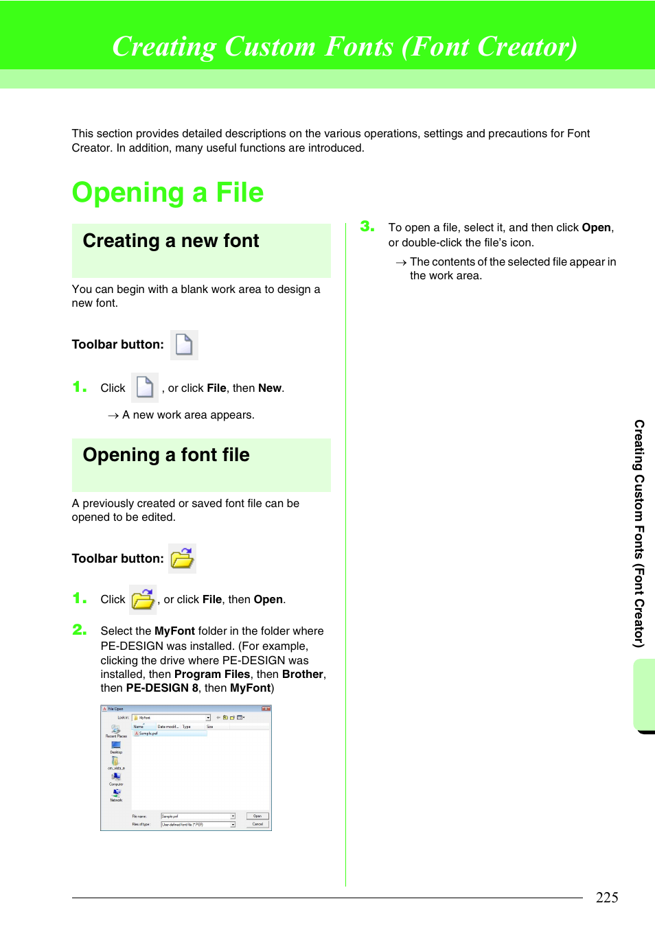 Creating custom fonts (font creator), Opening a file, Creating a new font | Opening a font file | Brother PE-DESIGN 8 User Manual | Page 227 / 269
