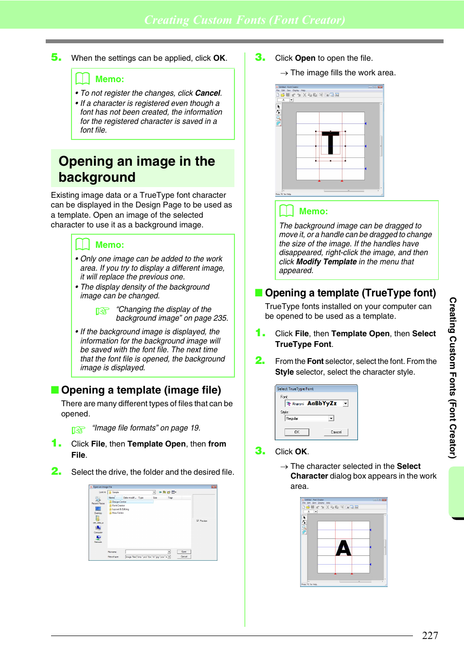 Opening an image in the background, Creating custom fonts (font creator) | Brother PE-DESIGN 8 User Manual | Page 229 / 269