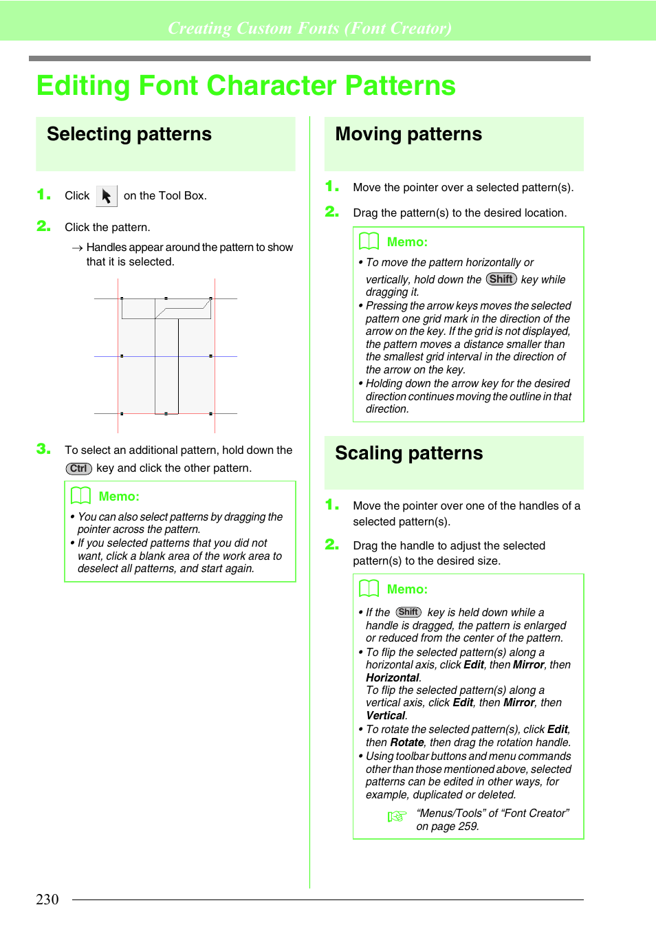 Editing font character patterns, Selecting patterns, Moving patterns | Scaling patterns, Creating custom fonts (font creator) | Brother PE-DESIGN 8 User Manual | Page 232 / 269