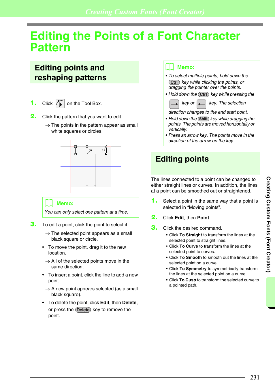 Editing the points of a font character pattern, Editing points and reshaping patterns, Editing points | Creating custom fonts (font creator) | Brother PE-DESIGN 8 User Manual | Page 233 / 269