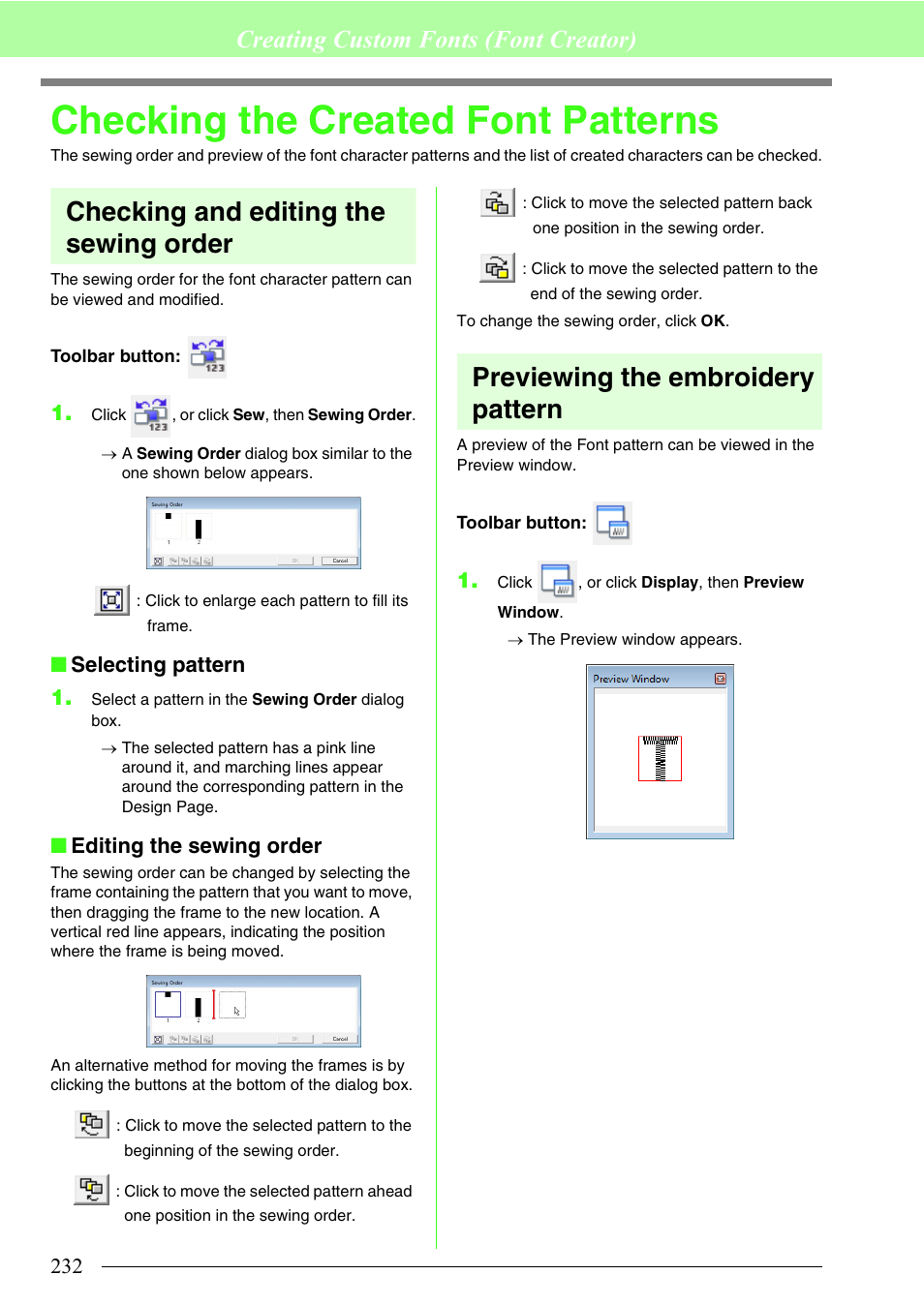 Checking the created font patterns, Checking and editing the sewing order, Previewing the embroidery pattern | Creating custom fonts (font creator), Selecting pattern 1, Editing the sewing order | Brother PE-DESIGN 8 User Manual | Page 234 / 269