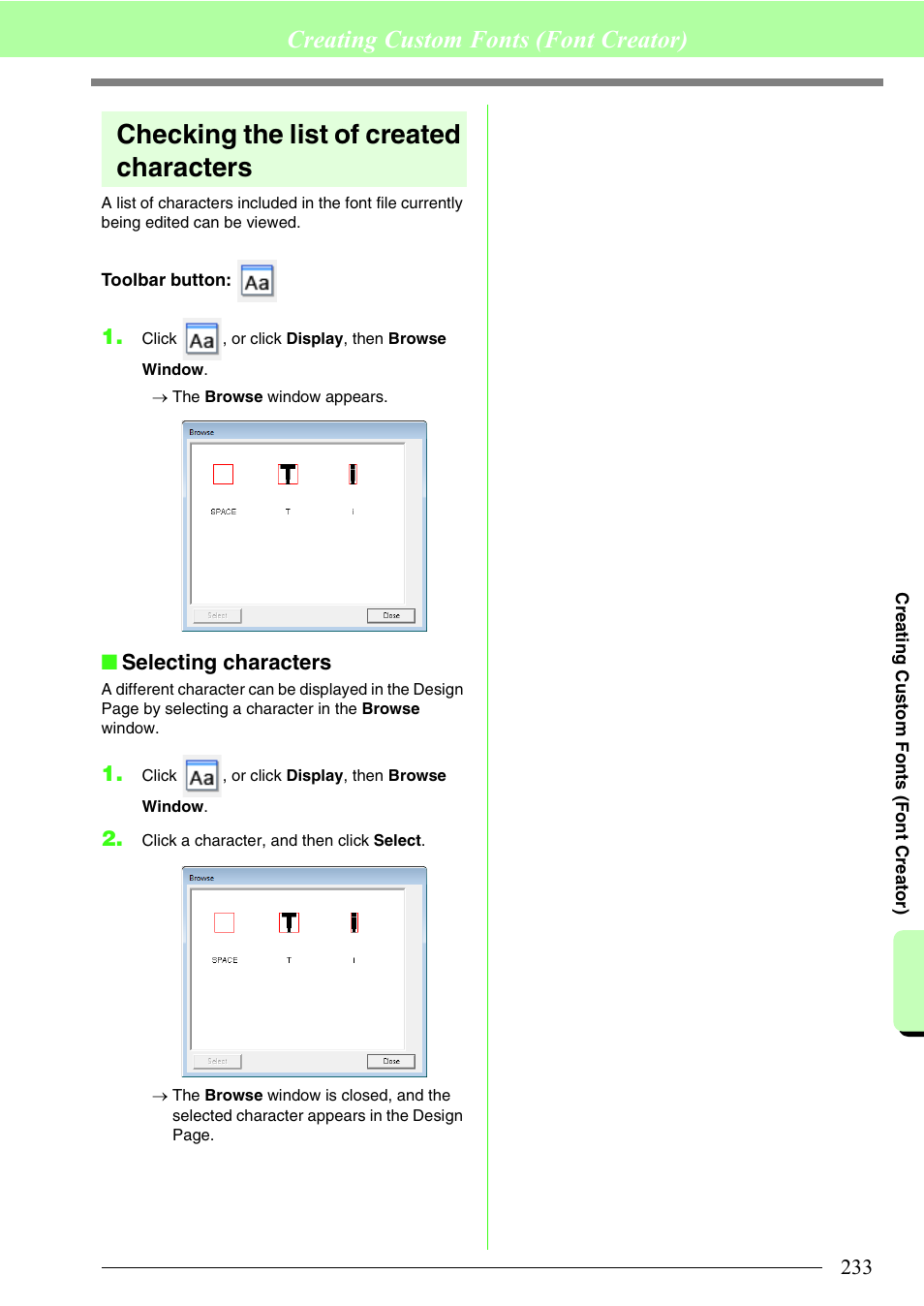 Checking the list of created characters, Creating custom fonts (font creator), Selecting characters | Brother PE-DESIGN 8 User Manual | Page 235 / 269