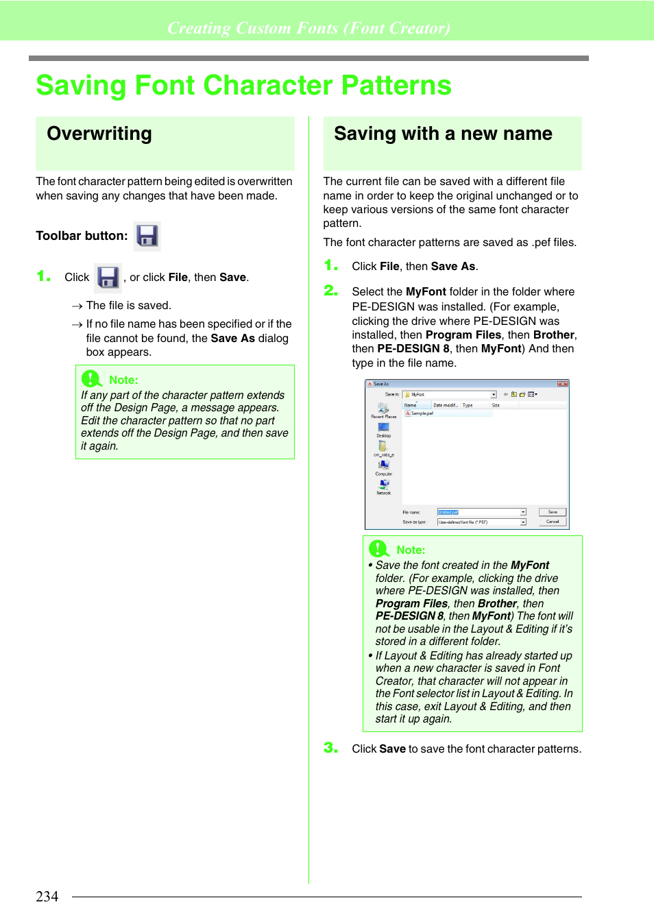 Saving font character patterns, Overwriting, Saving with a new name | Creating custom fonts (font creator) | Brother PE-DESIGN 8 User Manual | Page 236 / 269