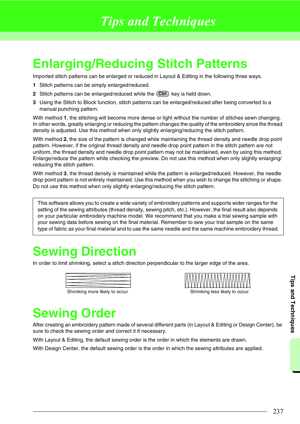 Tips and techniques, Enlarging/reducing stitch patterns, Sewing direction | Sewing order | Brother PE-DESIGN 8 User Manual | Page 239 / 269