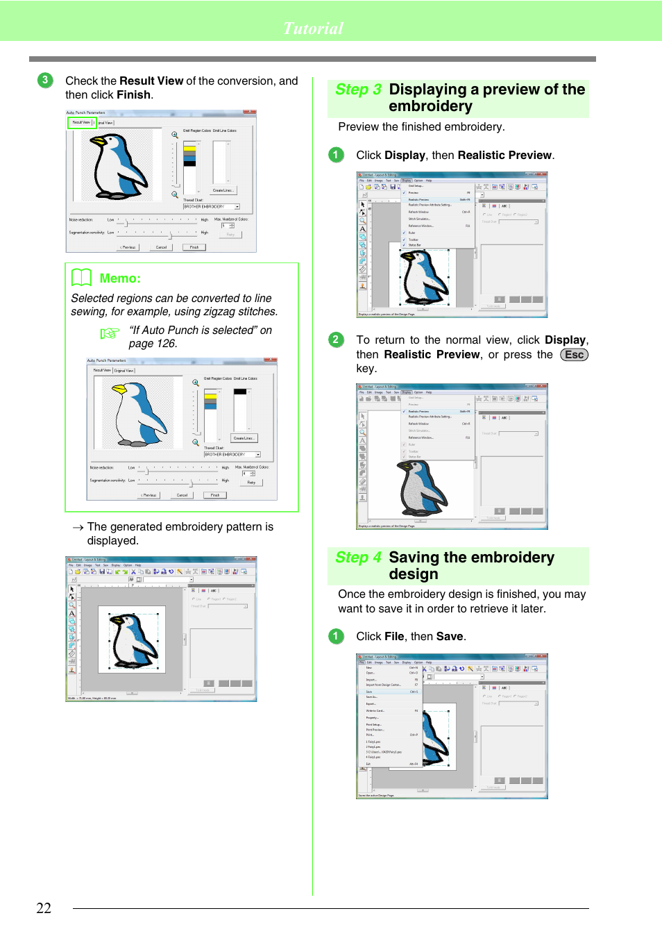 Displaying a preview of the embroidery, Saving the embroidery design, Tutorial | Step 3 displaying a preview of the embroidery, Step 4 saving the embroidery design | Brother PE-DESIGN 8 User Manual | Page 24 / 269