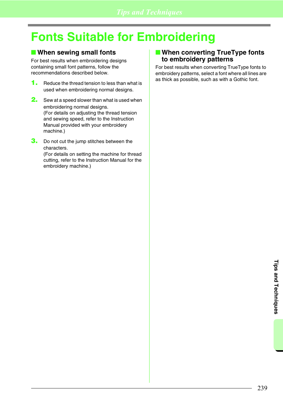 Fonts suitable for embroidering, Tips and techniques | Brother PE-DESIGN 8 User Manual | Page 241 / 269