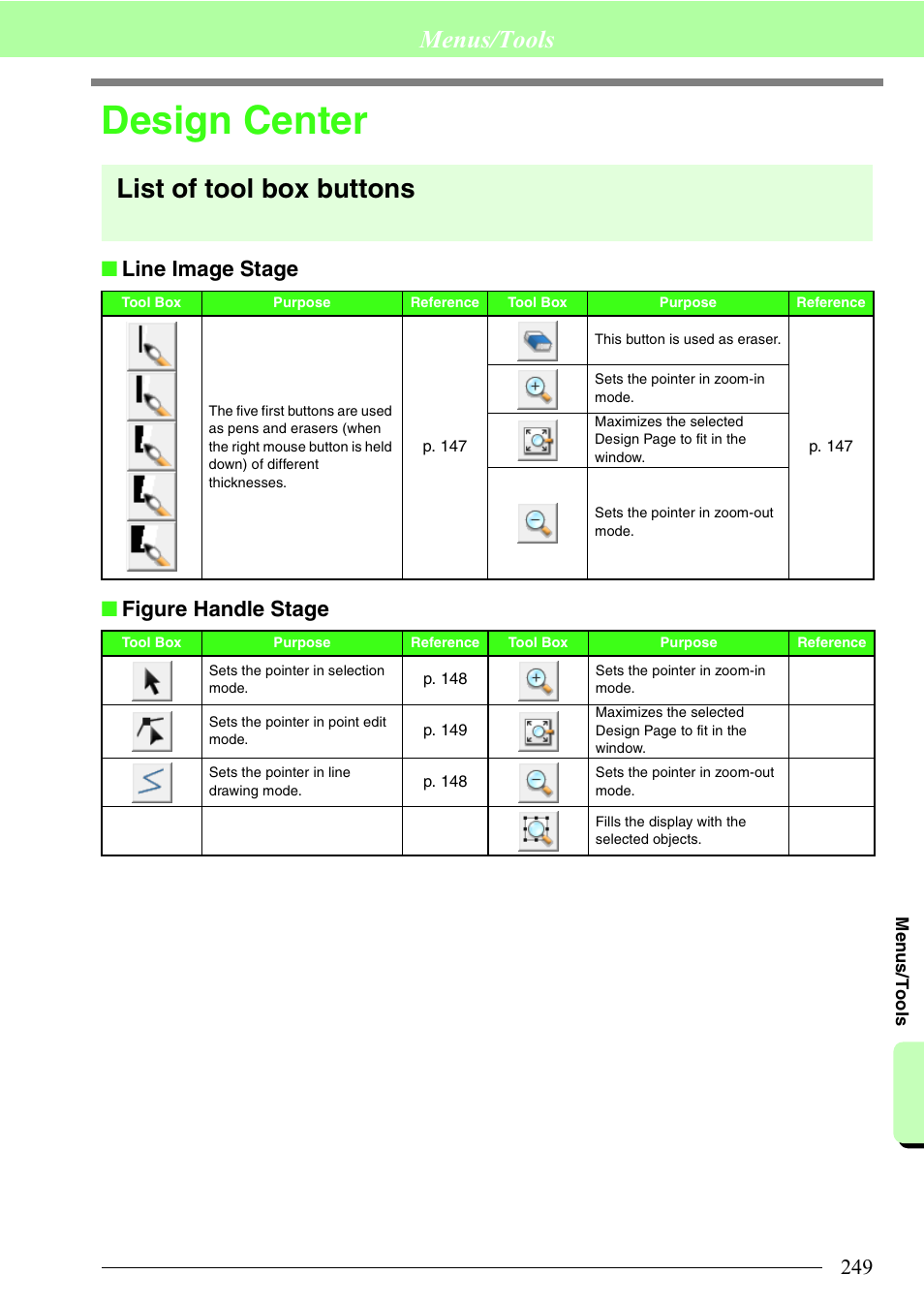 Design center, List of tool box buttons, Menus/tools | Line image stage ■ figure handle stage | Brother PE-DESIGN 8 User Manual | Page 251 / 269