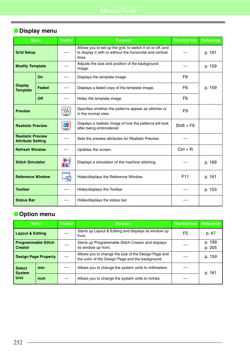 Menus/tools, Display menu ■ option menu | Brother PE-DESIGN 8 User Manual | Page 254 / 269