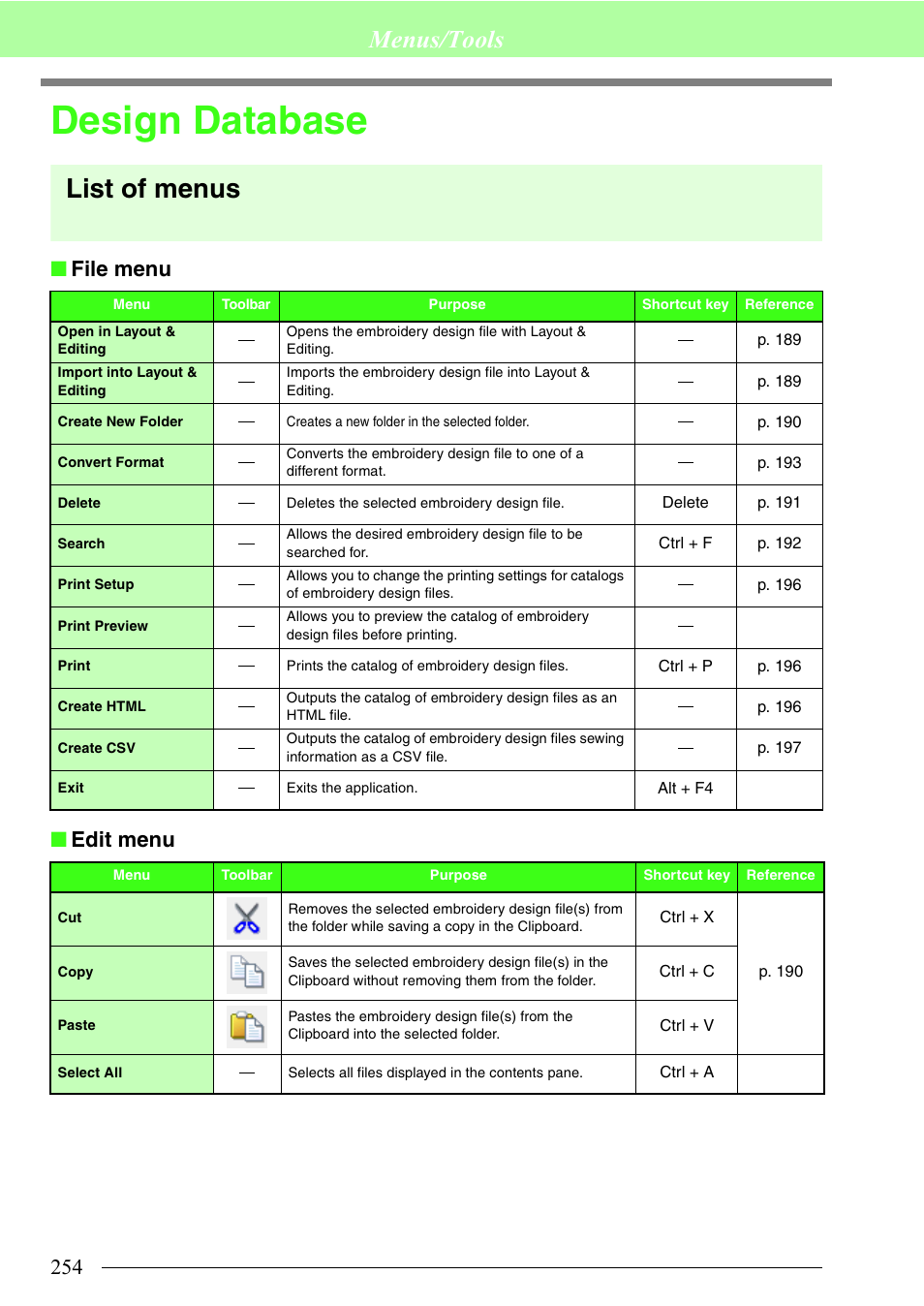 Design database, List of menus, Menus/tools | File menu ■ edit menu | Brother PE-DESIGN 8 User Manual | Page 256 / 269