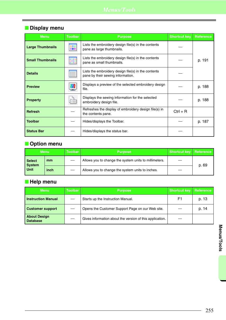 Menus/tools, Display menu ■ option menu ■ help menu | Brother PE-DESIGN 8 User Manual | Page 257 / 269