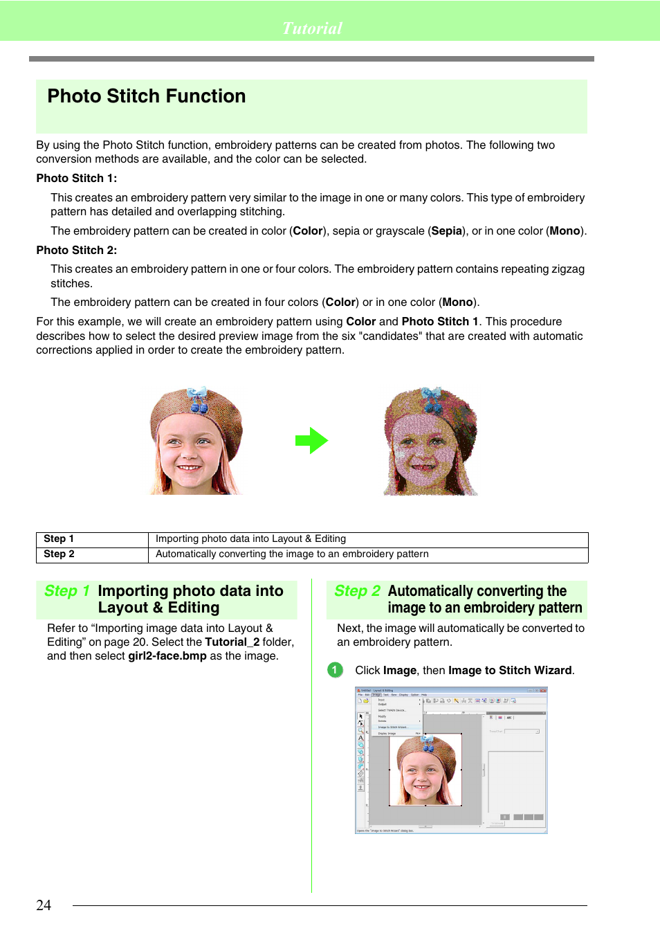P. 24, Photo stitch function, Tutorial | Step 1 importing photo data into layout & editing | Brother PE-DESIGN 8 User Manual | Page 26 / 269