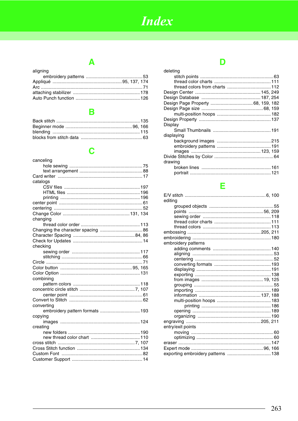Index | Brother PE-DESIGN 8 User Manual | Page 265 / 269