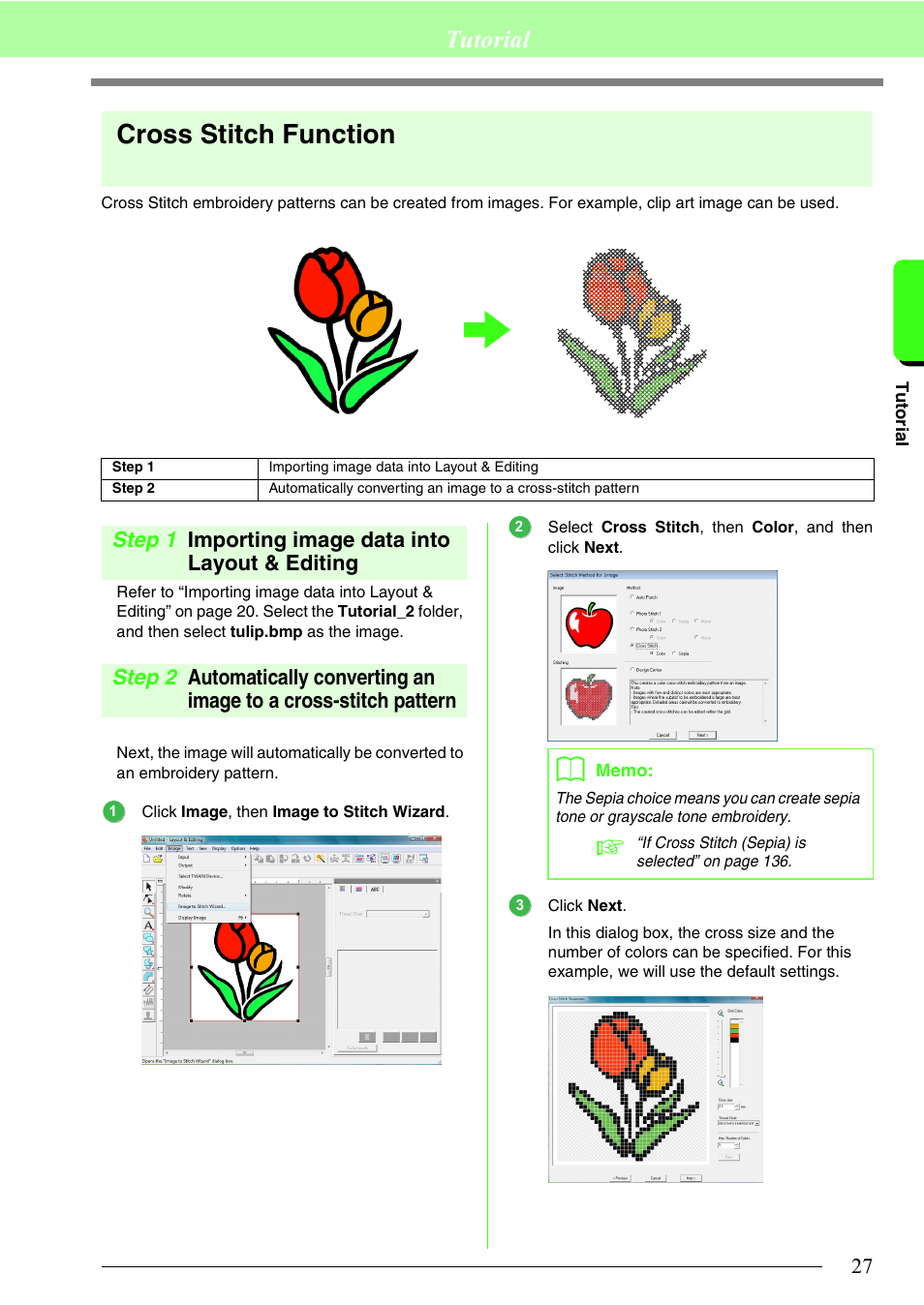 P. 27, Cross stitch function, Tutorial | Step 1 importing image data into layout & editing | Brother PE-DESIGN 8 User Manual | Page 29 / 269