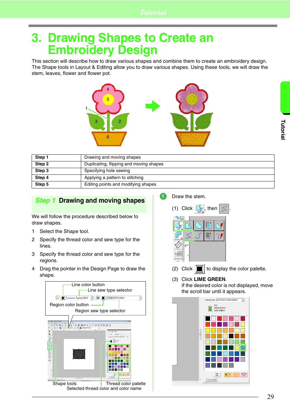 Drawing shapes to create an embroidery design, P. 29, Drawing shapes to create an embroidery | Design, P. 29), Tutorial, Step 1 drawing and moving shapes | Brother PE-DESIGN 8 User Manual | Page 31 / 269