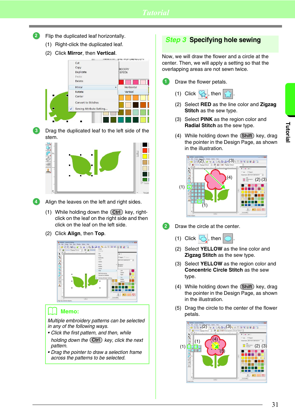 Specifying hole sewing, Tutorial, Step 3 specifying hole sewing | Brother PE-DESIGN 8 User Manual | Page 33 / 269