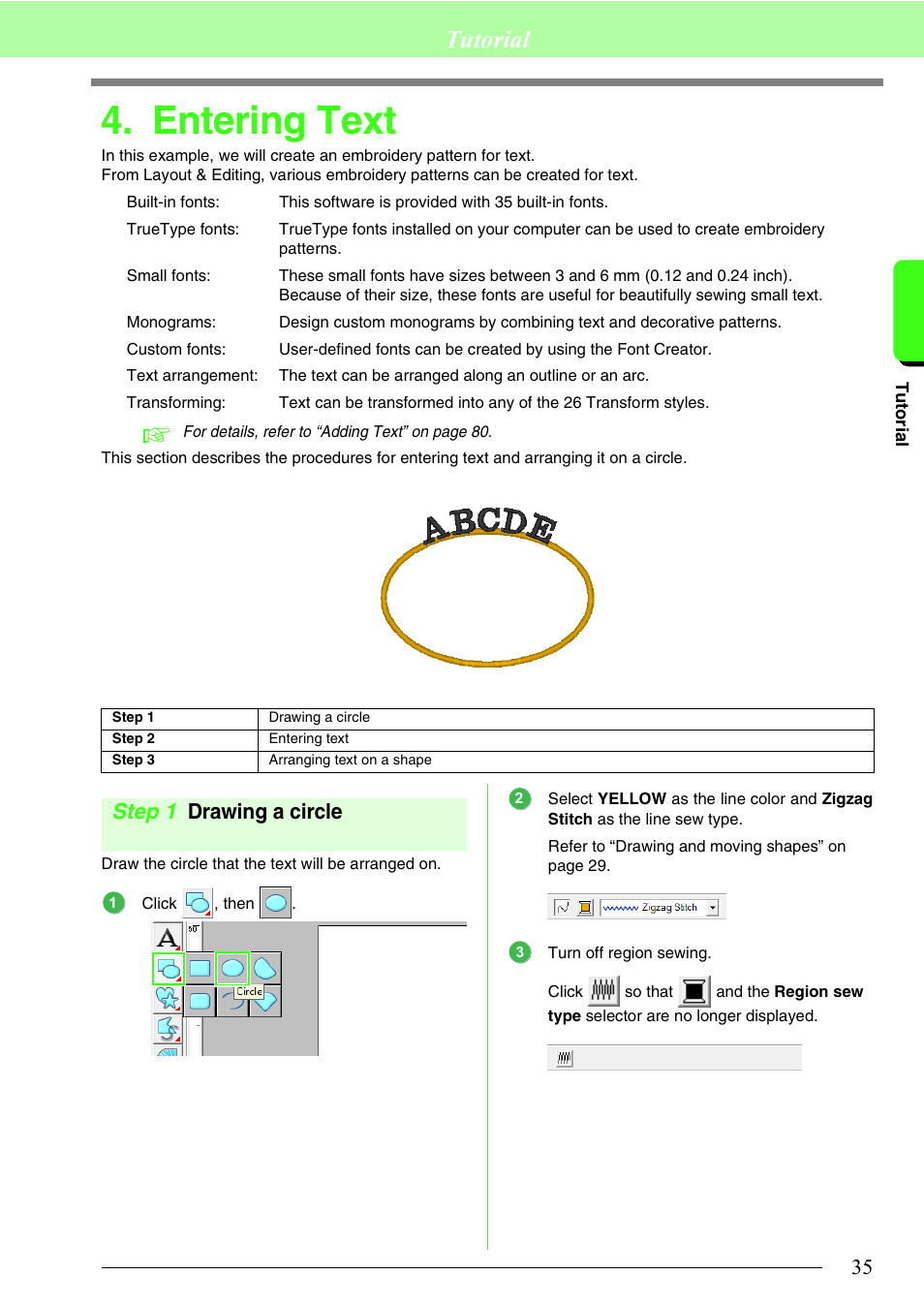 Entering text, P. 35, p, P. 35) | Tutorial, Step 1 drawing a circle | Brother PE-DESIGN 8 User Manual | Page 37 / 269