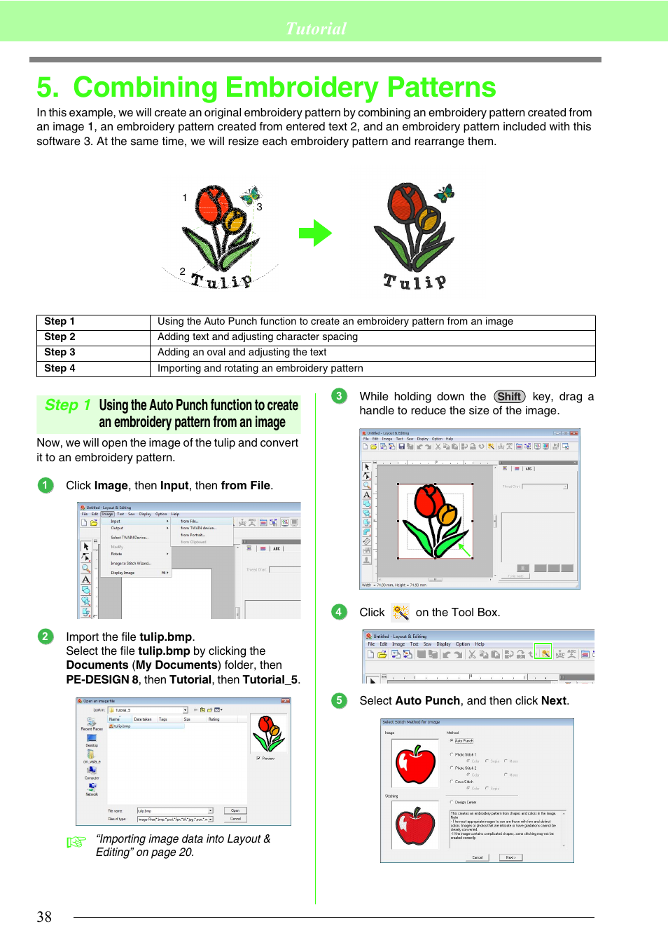 Combining embroidery patterns, P. 38, P. 38) | Tutorial | Brother PE-DESIGN 8 User Manual | Page 40 / 269