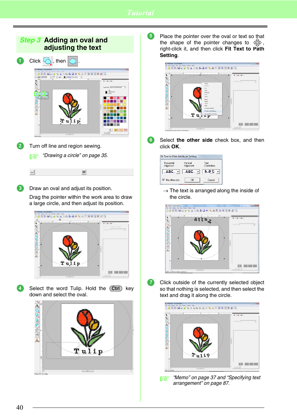Adding an oval and adjusting the text, Tutorial, Step 3 adding an oval and adjusting the text | Brother PE-DESIGN 8 User Manual | Page 42 / 269