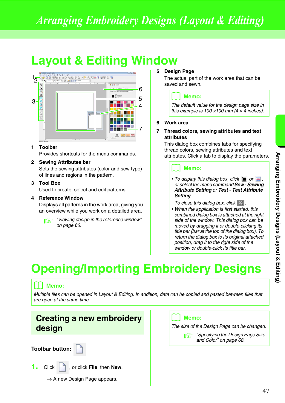 Arranging embroidery designs (layout & editing), Layout & editing window, Opening/importing embroidery designs | P. 47, p, P. 47, Creating a new embroidery design | Brother PE-DESIGN 8 User Manual | Page 49 / 269
