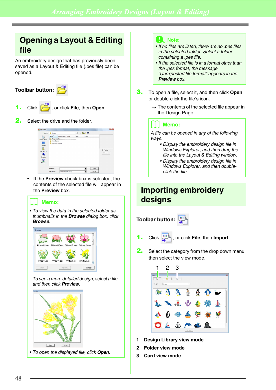 Opening a layout & editing file, Importing embroidery designs, Arranging embroidery designs (layout & editing) | Brother PE-DESIGN 8 User Manual | Page 50 / 269