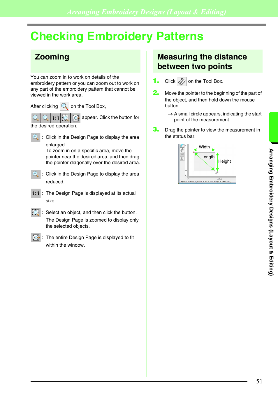 Checking embroidery patterns, Zooming, Measuring the distance between two points | Arranging embroidery designs (layout & editing) | Brother PE-DESIGN 8 User Manual | Page 53 / 269