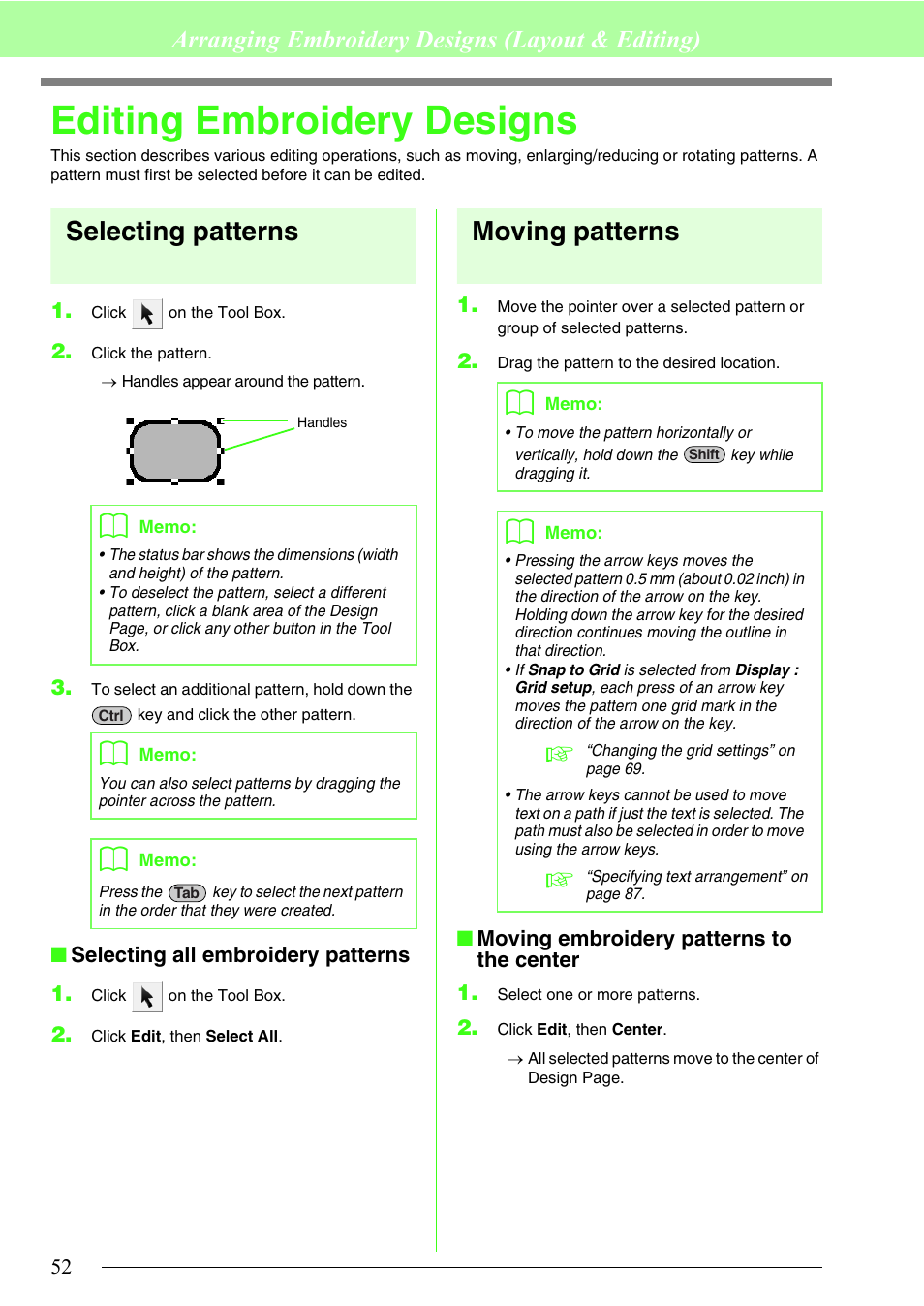 Editing embroidery designs, Selecting patterns, Moving patterns | Arranging embroidery designs (layout & editing) | Brother PE-DESIGN 8 User Manual | Page 54 / 269