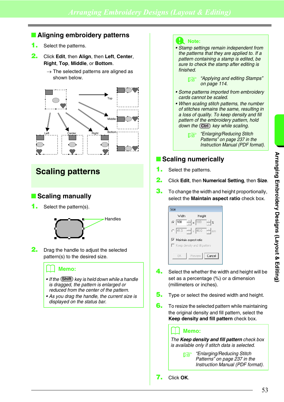 Scaling patterns, Arranging embroidery designs (layout & editing), Aligning embroidery patterns 1 | Scaling manually 1, Scaling numerically 1 | Brother PE-DESIGN 8 User Manual | Page 55 / 269