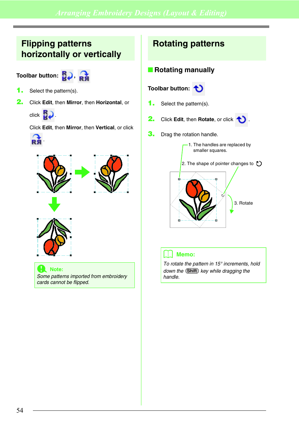 Flipping patterns horizontally or vertically, Rotating patterns, Arranging embroidery designs (layout & editing) | Brother PE-DESIGN 8 User Manual | Page 56 / 269