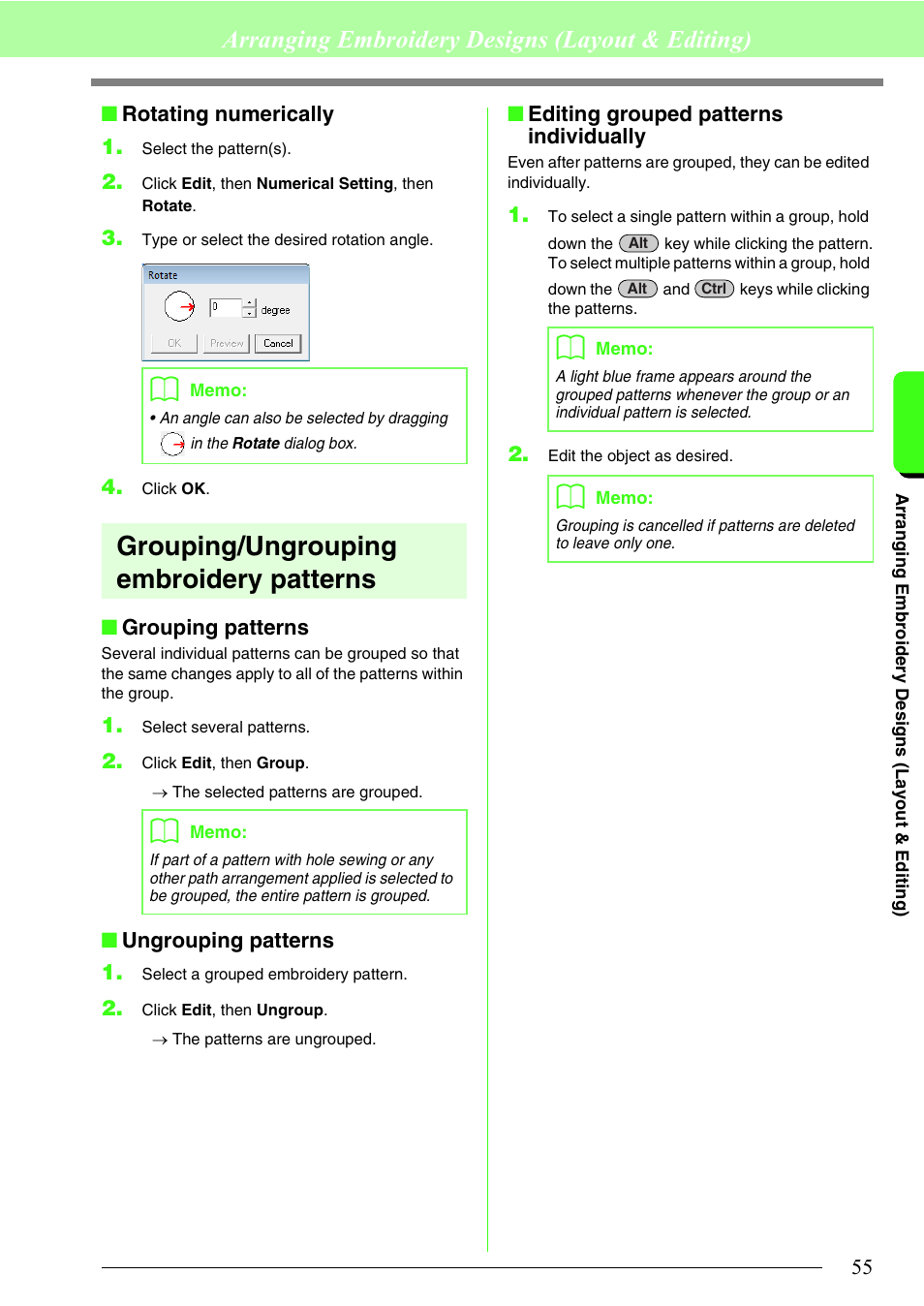 Grouping/ungrouping embroidery patterns, Arranging embroidery designs (layout & editing) | Brother PE-DESIGN 8 User Manual | Page 57 / 269