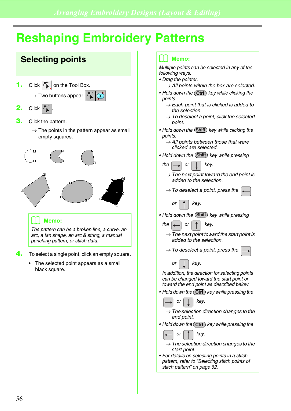 Reshaping embroidery patterns, Selecting points, Arranging embroidery designs (layout & editing) | Brother PE-DESIGN 8 User Manual | Page 58 / 269