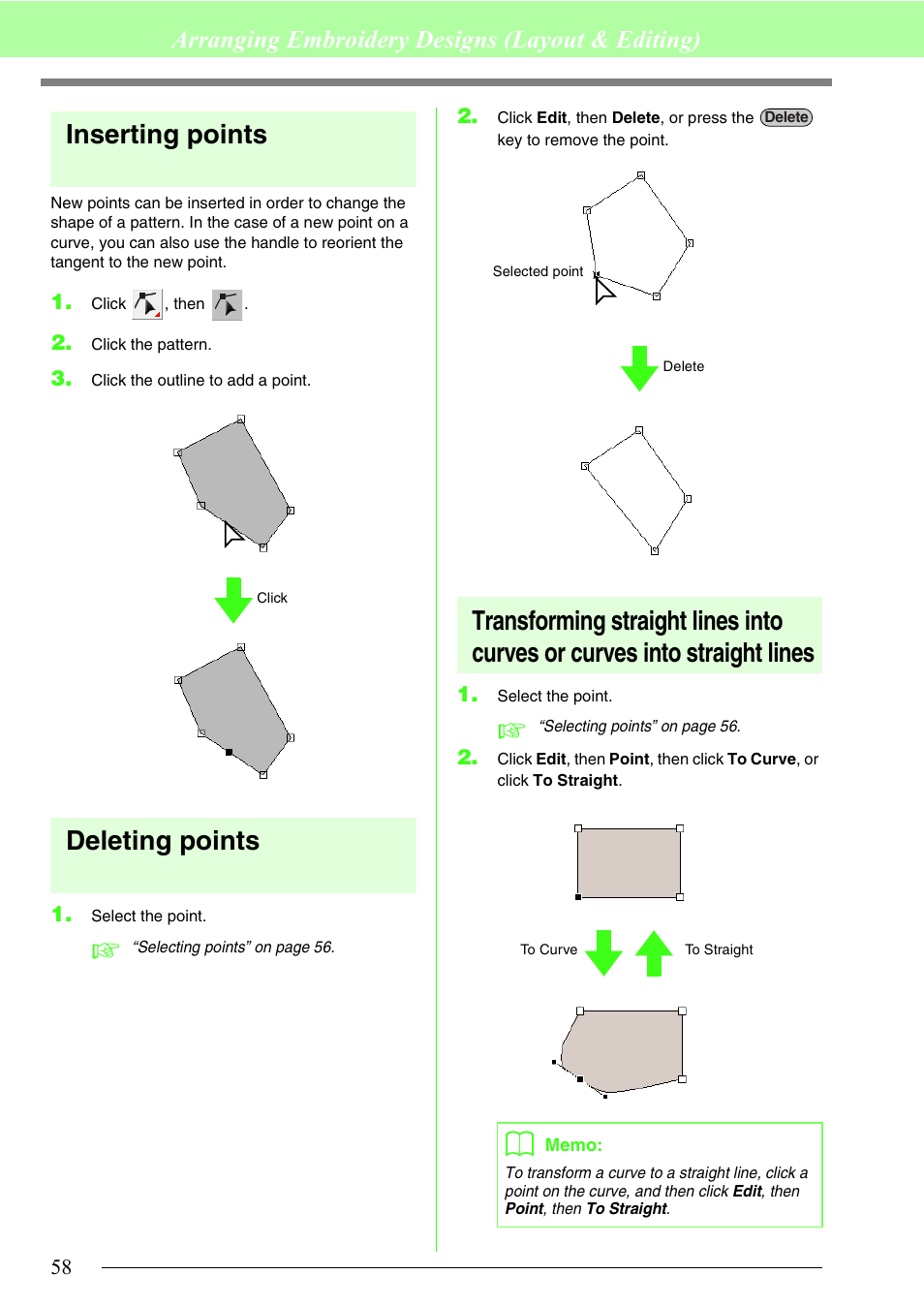 Inserting points, Deleting points, Arranging embroidery designs (layout & editing) | Brother PE-DESIGN 8 User Manual | Page 60 / 269