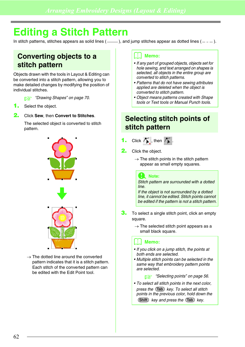Editing a stitch pattern, Converting objects to a stitch pattern, Selecting stitch points of stitch pattern | Arranging embroidery designs (layout & editing) | Brother PE-DESIGN 8 User Manual | Page 64 / 269