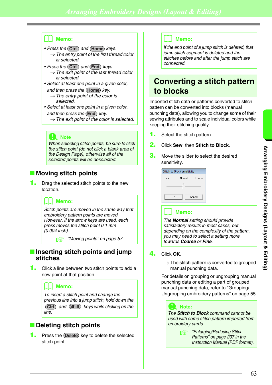 Converting a stitch pattern to blocks, Arranging embroidery designs (layout & editing), Moving stitch points 1 | Inserting stitch points and jump stitches 1, Deleting stitch points 1 | Brother PE-DESIGN 8 User Manual | Page 65 / 269