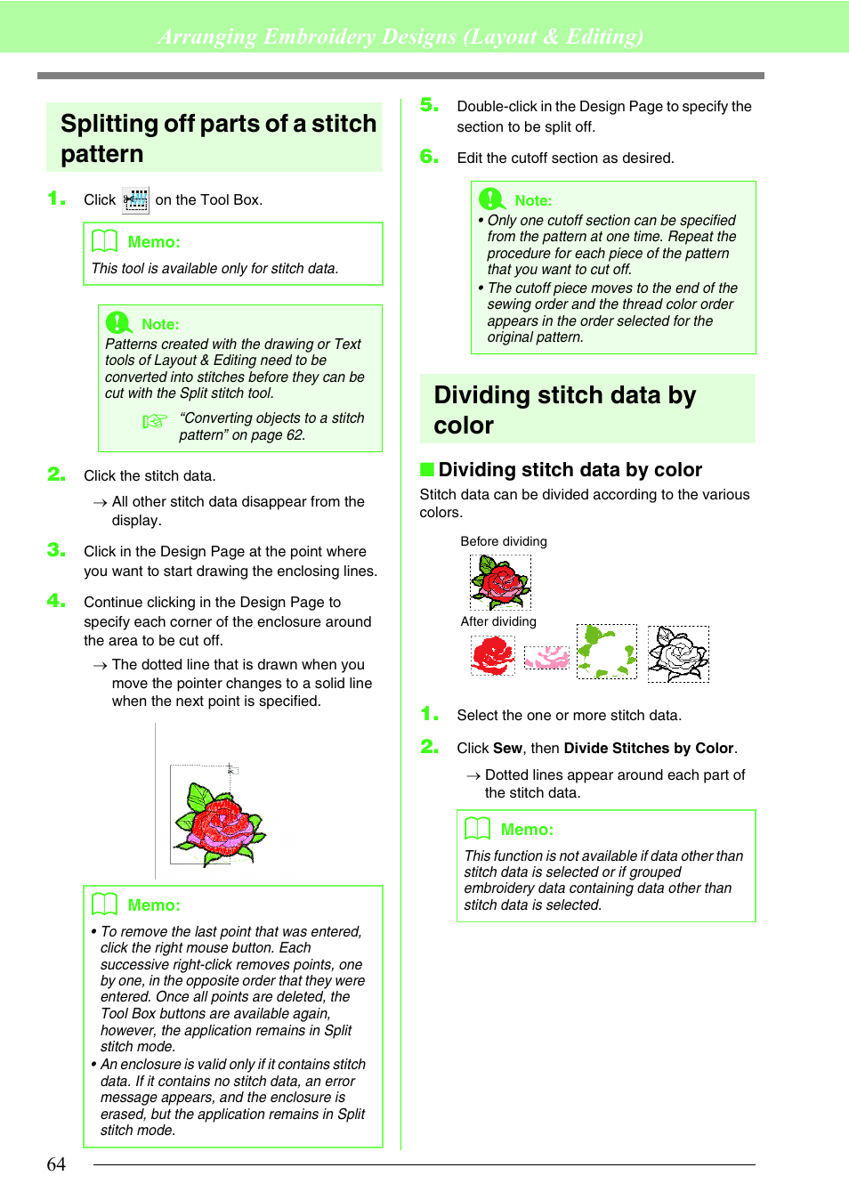 Splitting off parts of a stitch pattern, Dividing stitch data by color, Arranging embroidery designs (layout & editing) | Brother PE-DESIGN 8 User Manual | Page 66 / 269
