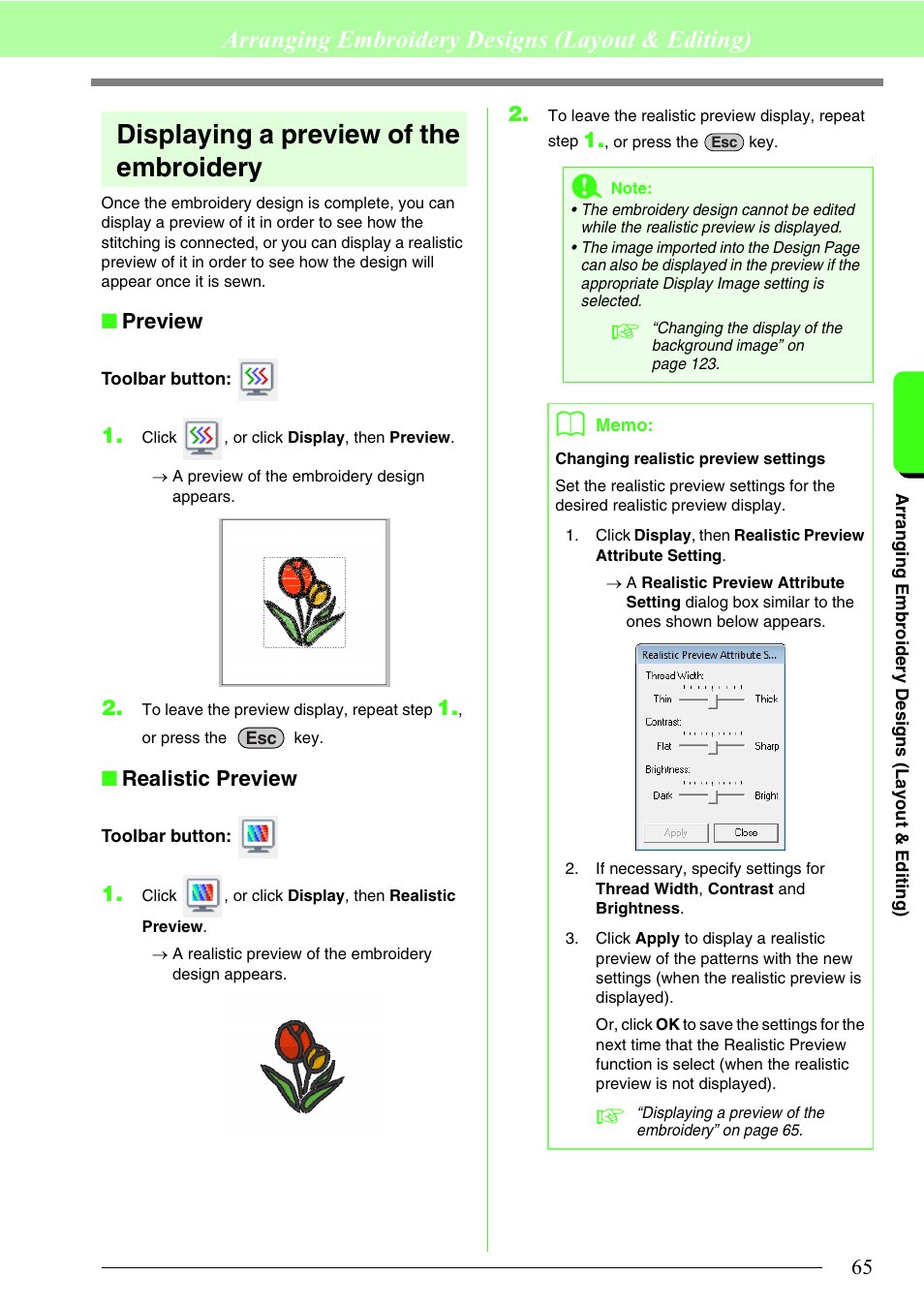 Displaying a preview of the embroidery, Arranging embroidery designs (layout & editing), Preview | Realistic preview | Brother PE-DESIGN 8 User Manual | Page 67 / 269